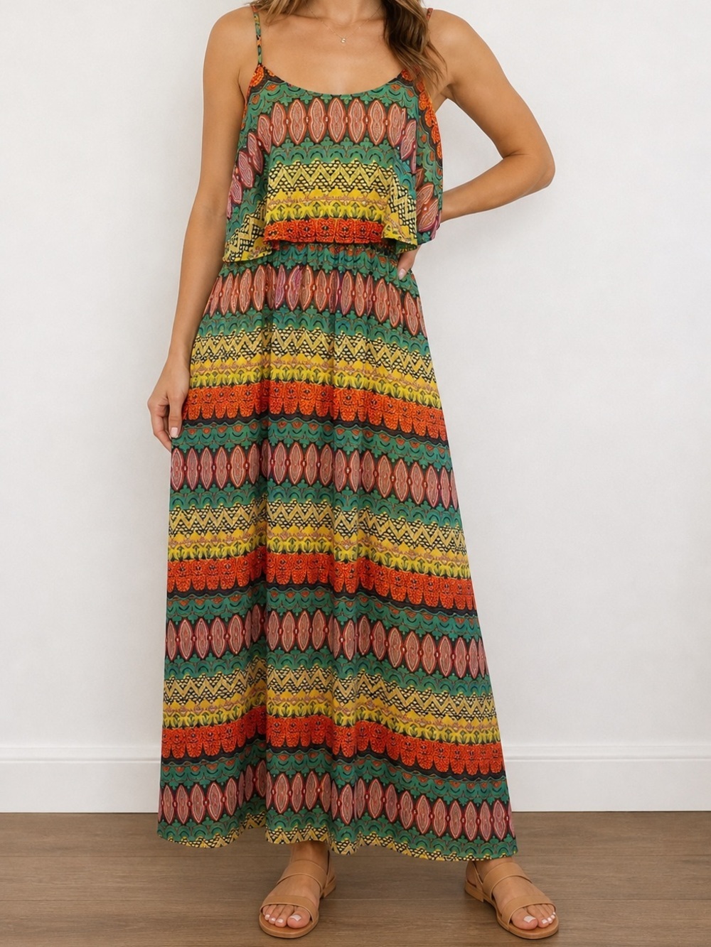 Red Carmel Multicolor Floor Length Maxi Dress Size Large